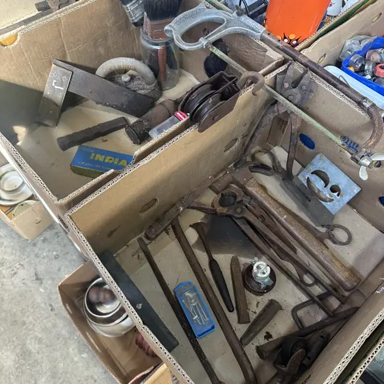 2 box old tools, pully, iron etc