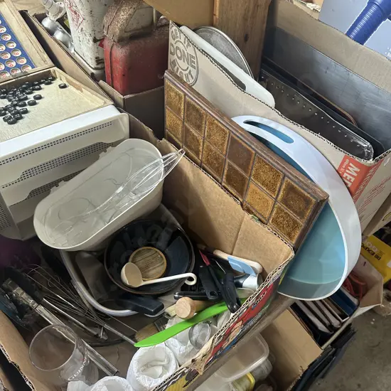 2 box kitchen utensils, trays etc