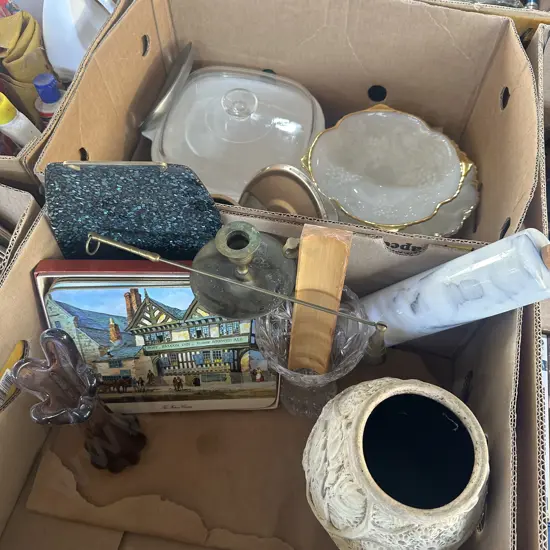 2 box, marble rolling pin, vases etc
