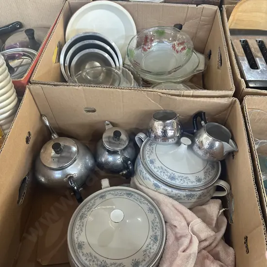 2 box, teapots, stainless bowls etc
