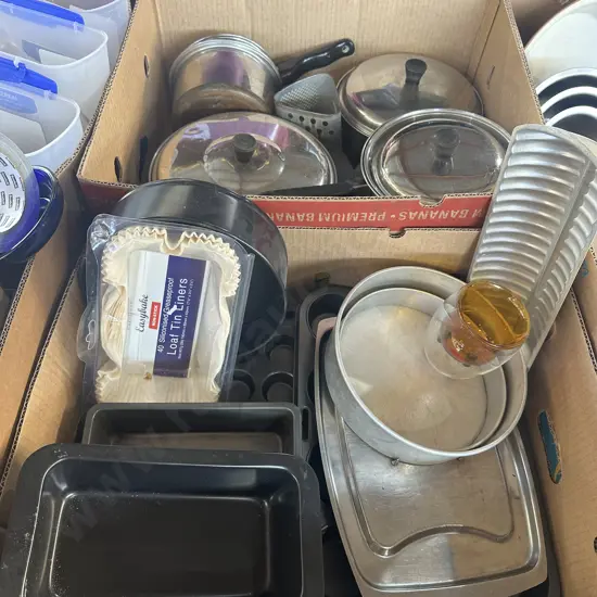 2 box cookware, pots etc
