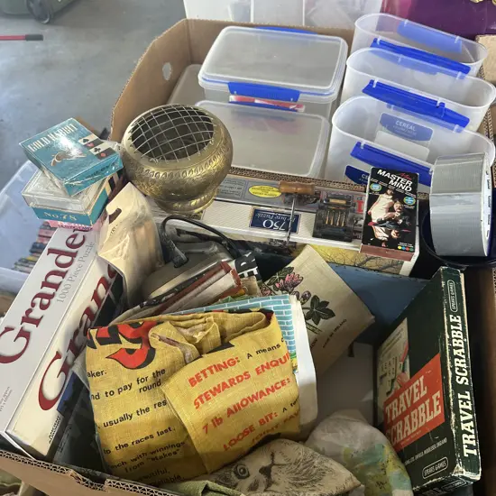 2 boxes vintage tea towels, tupperware etc