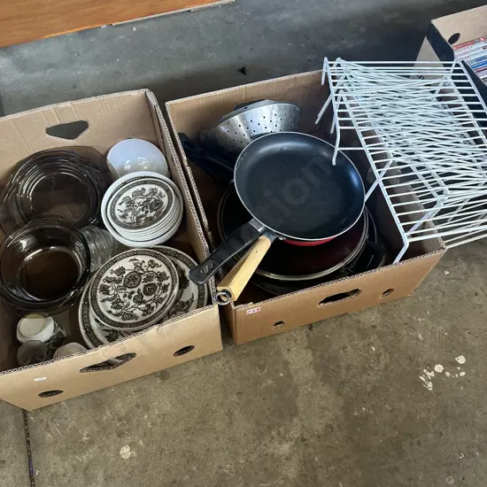 2 box lots dinnerware, cooking and dish racks