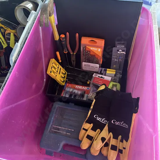 bin of tools and fencing gloves etc