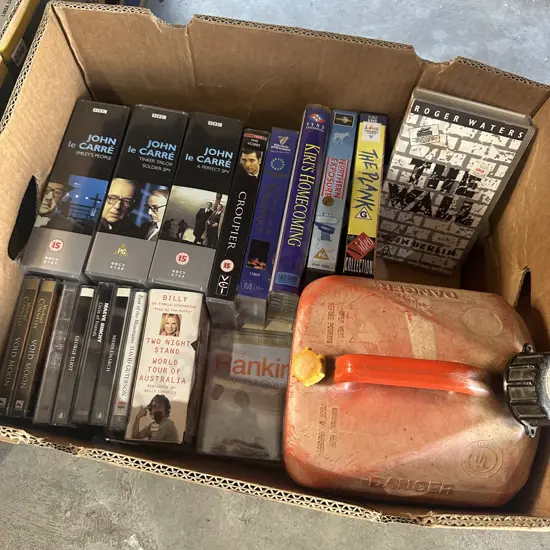 boxed sets DVDs, talking books and gas can