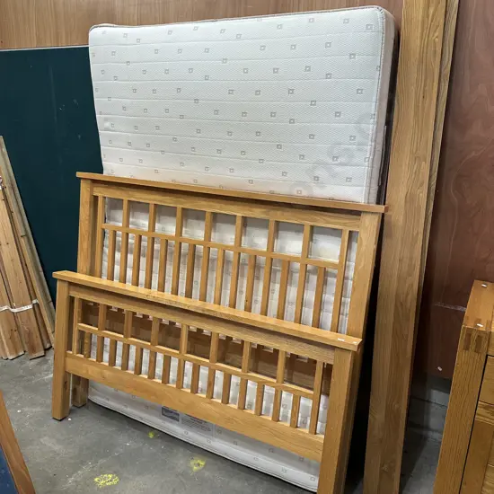 Oak slat double bed with memory foam mattress