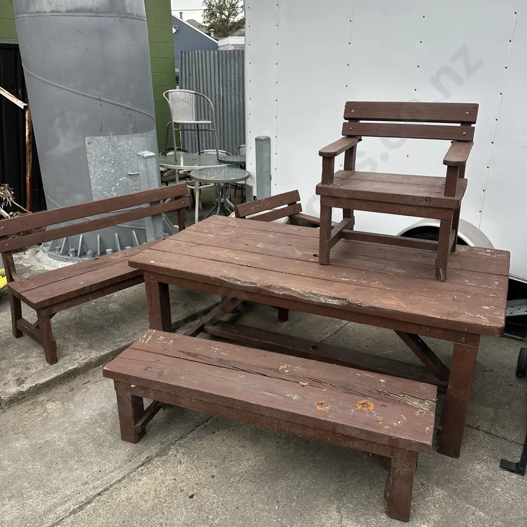 solid Macrocarpa outdoor table, bench seats & chairs Image 1++