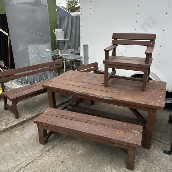 solid Macrocarpa outdoor table, bench seats & chairs
