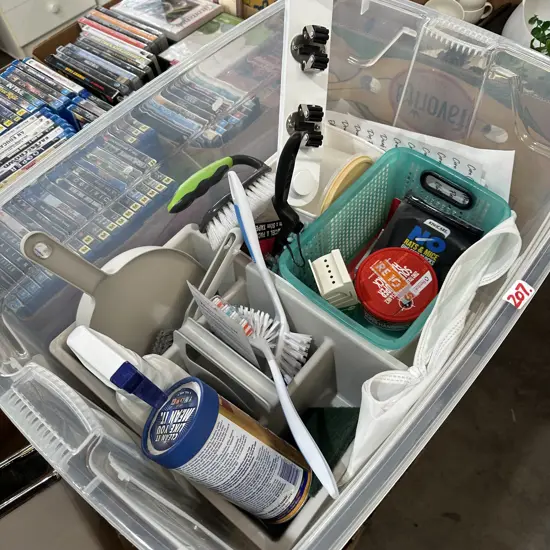 lidded bin & cleaning products