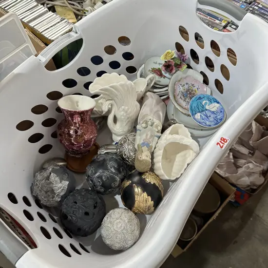 wash basket full of decorative items