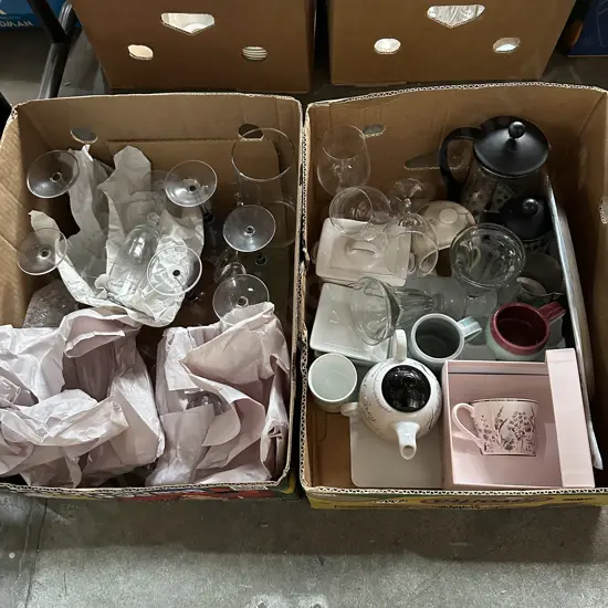 2 boxes, glassware, teapot, boxed gift mug etc
