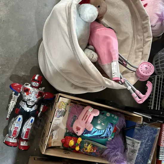box and bag of kiddys teddys and toys etc