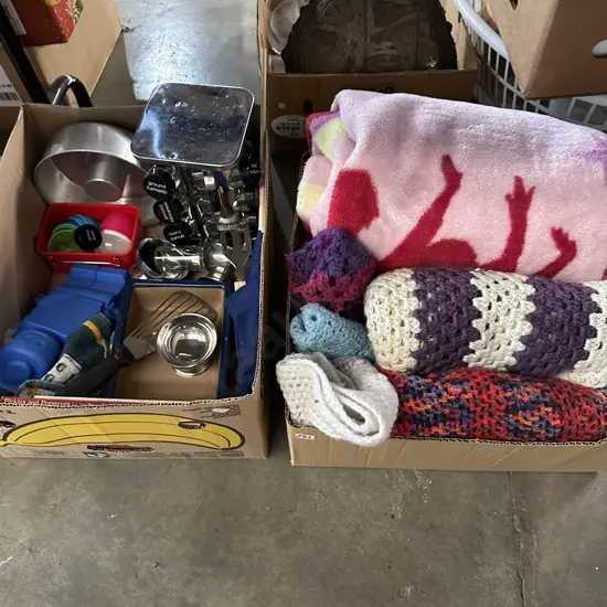 crochet throws, blanket, utensils, spice rack, cookware etc