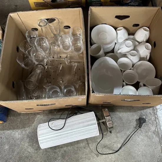 2 box glassware, dinnerware and lamp