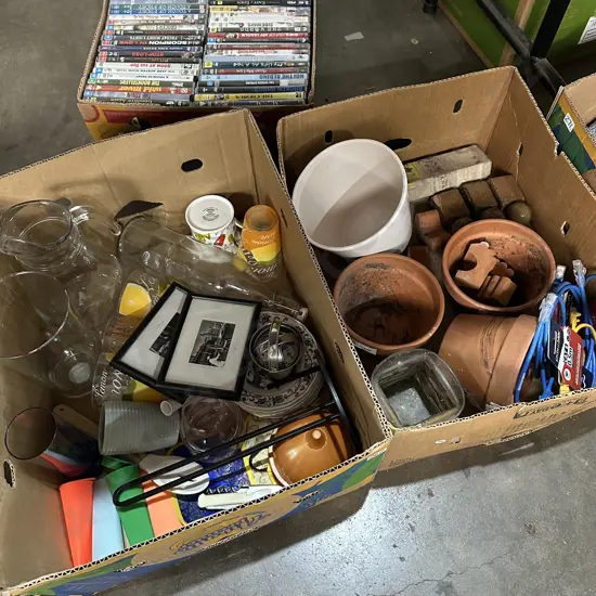 2 box lots planters, files, glass jugs etc