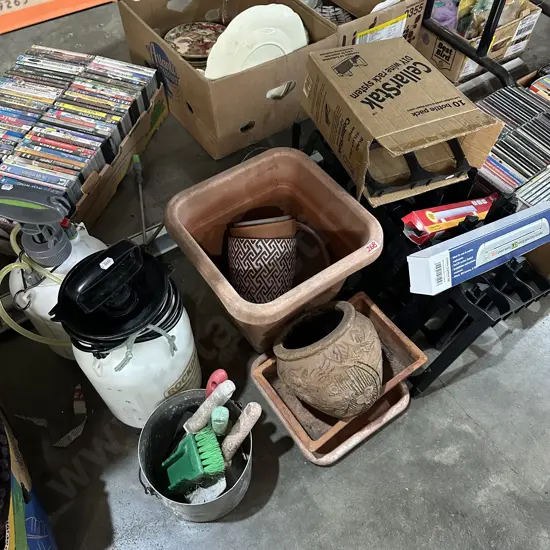 2 sprayers, planters, lamp, wine stack