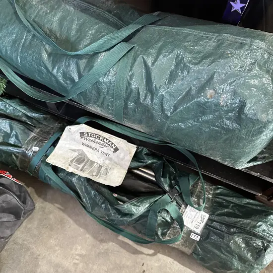 tent and poles, sporting items, umbrella etc