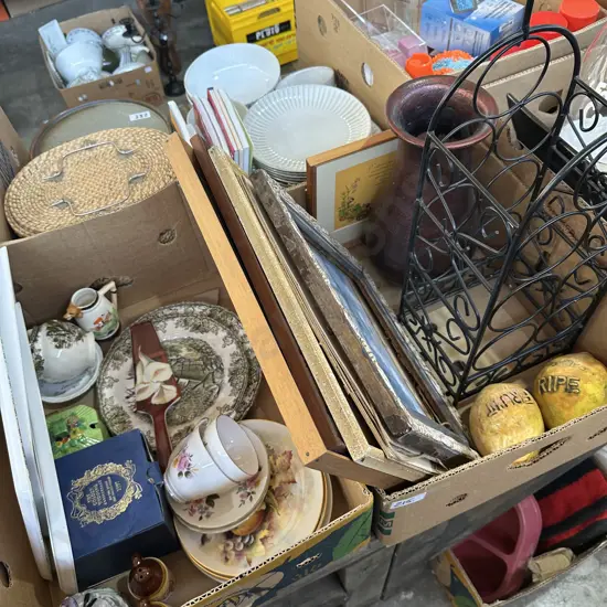 2 boxes collectables, vase, wine rack etc