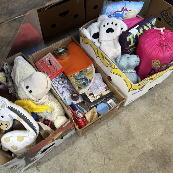 3 box soft toys, craft, sleep bag etc