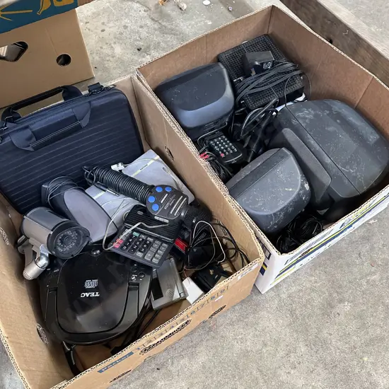 2 box speakers, electricals etc