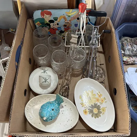 2 vintage Egg beaters, NZ Army crockery, Crown Lynn, cream bottles etc