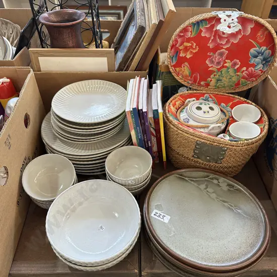 Dinnerware, picnic teaset, books