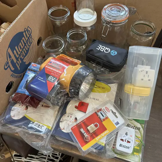 international plugs, leather care, torch, jars etc and chilli  bags