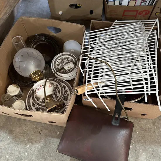 2 box lots, dish racks, lamp and stool