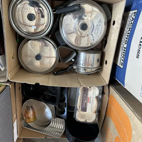 2 boxes pots and bakeware