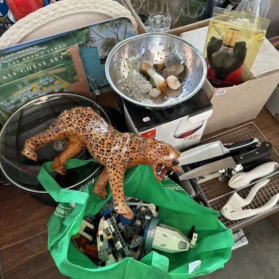lego toy, glassware, frypan etc