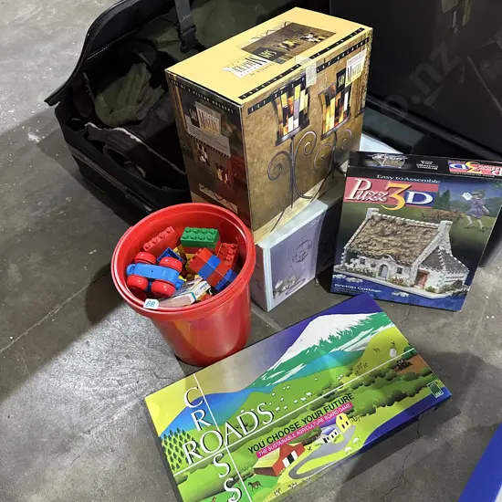 Tyco, game, puzzle, boxed items and suitcase of cloths (must take everything)