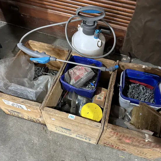 3 nail boxes and hardware, sprayer