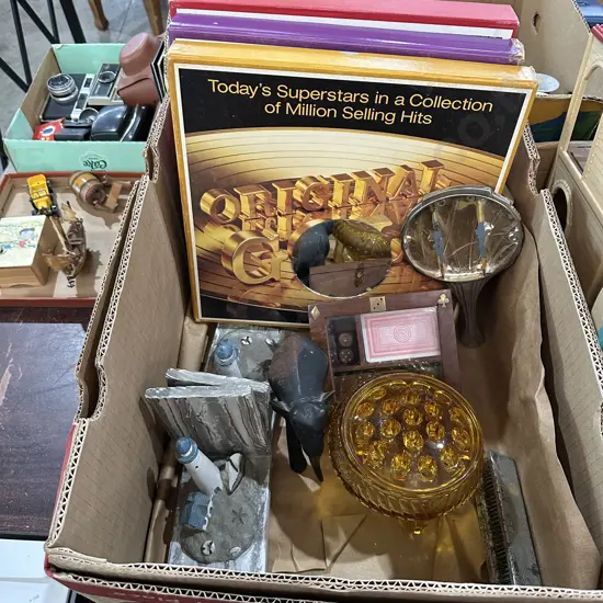 Records, book ends, wooden elephant, art deco honey-amber glass posy bowl etc. (2 photo)