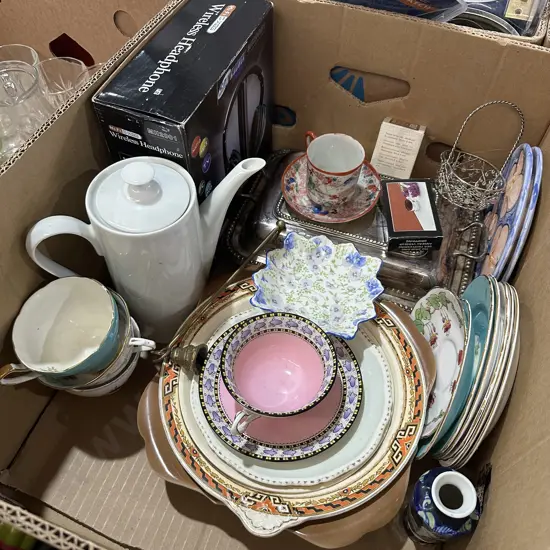 English china, headphones and lidded silver dish etc.