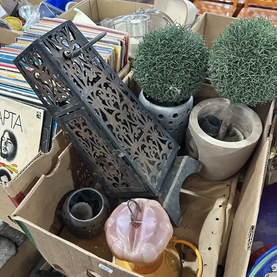 hurricane lamp and planters etc.