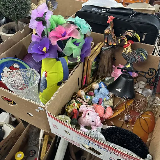 Two boxes rooster bell, artificial flowers, vase etc.