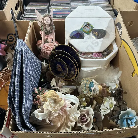 Box lot of collectables and metal flowers etc.