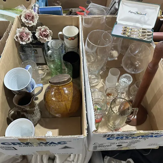 Two boxes pottery, glassware, metal flowers etc.