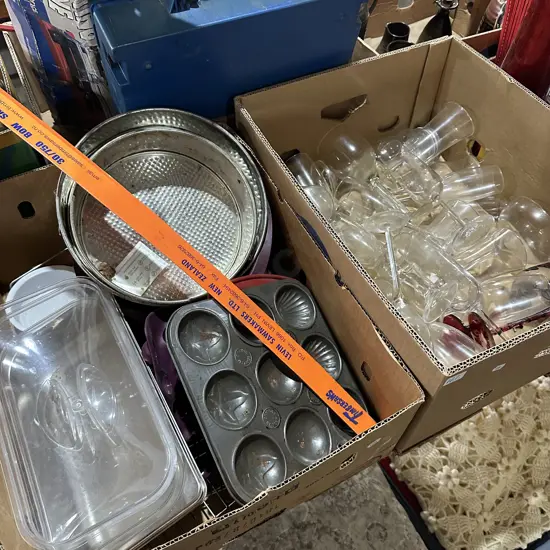 Two boxes bakeware and glassware etc.
