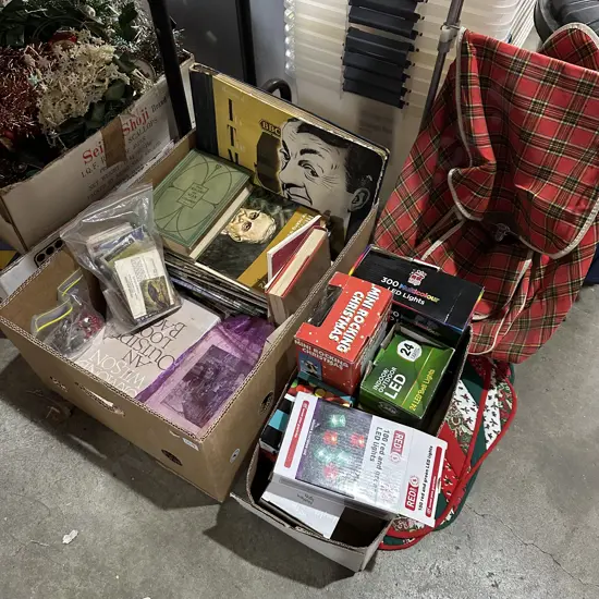 Books, string of lights and trolley.