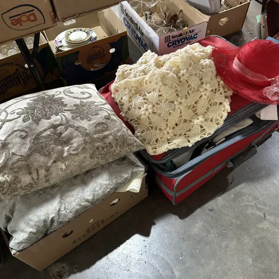 Cushions, hat, suitcase and contents.