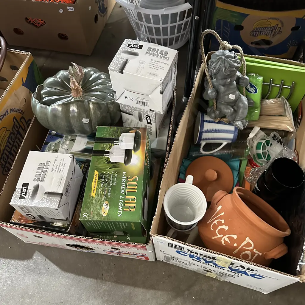 Two boxes garden lights, cherub and terracotta vege pot etc. Image 1++