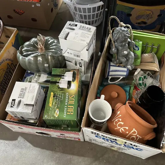 Two boxes garden lights, cherub and terracotta vege pot etc.
