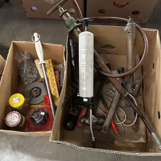 Two boxes old tools including vintage soldering iron.