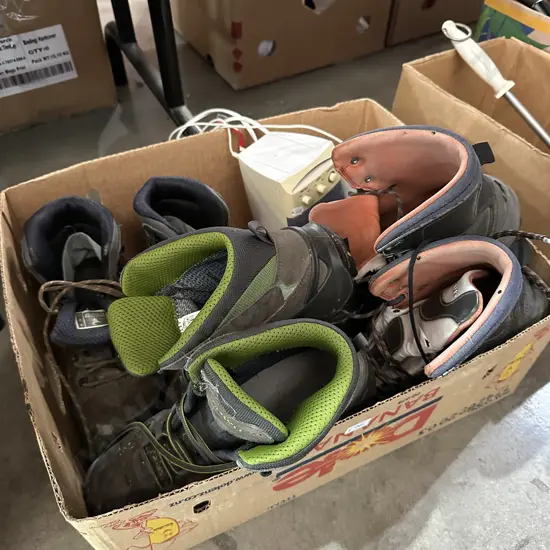 Pair computer speakers and tramping boots.