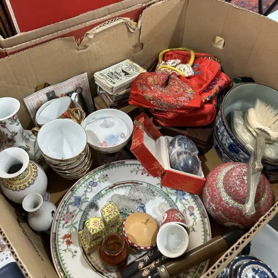 Box lot ginger jar, stress balls, vases etc.