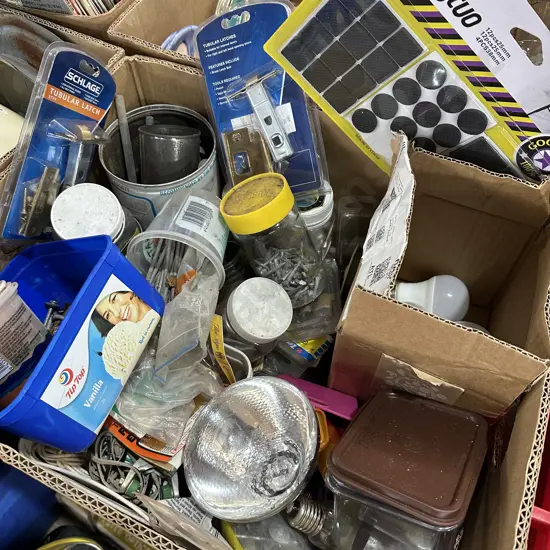 Box of hardware, lamps etc.