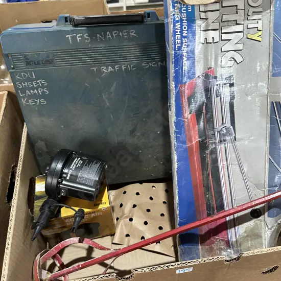 Heavy duty tile cutter, boxed air pump, mixer etc.