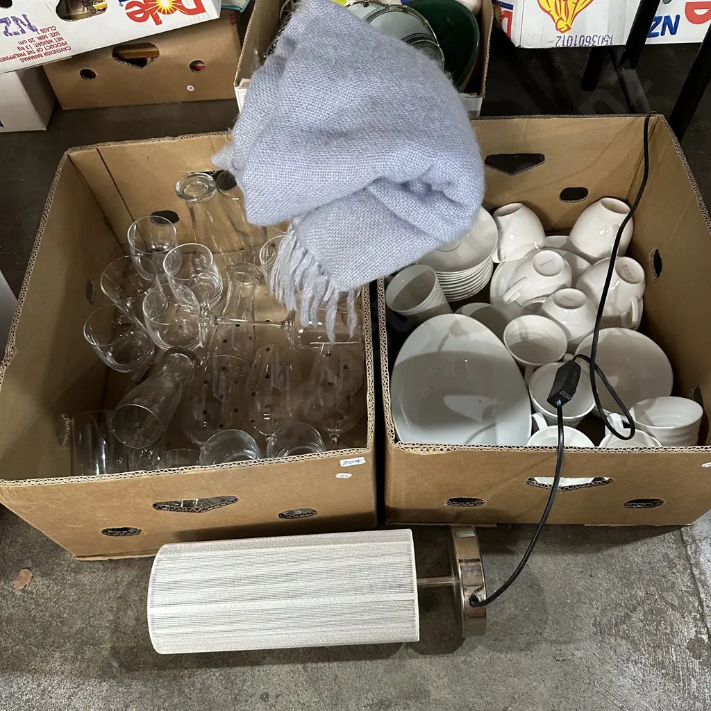 Two boxes lamp, crockery, glasses and throw Image 1++