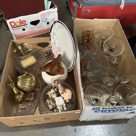 Two boxes brassware and glassware.